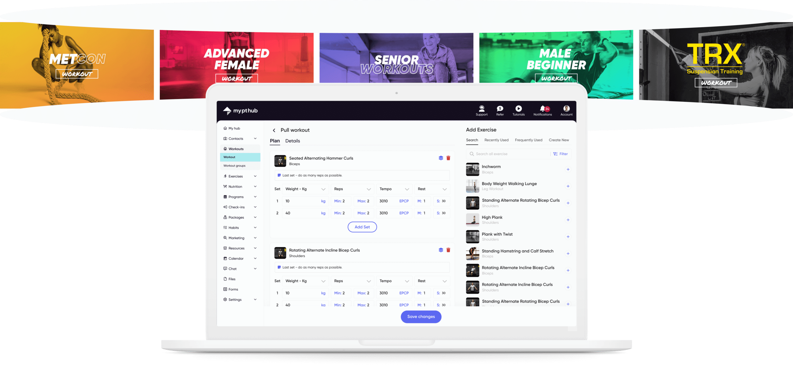 Workout builder for personal trainers displayed on a laptop with exercise selection, workout sets, and programs like MetCon and TRX.